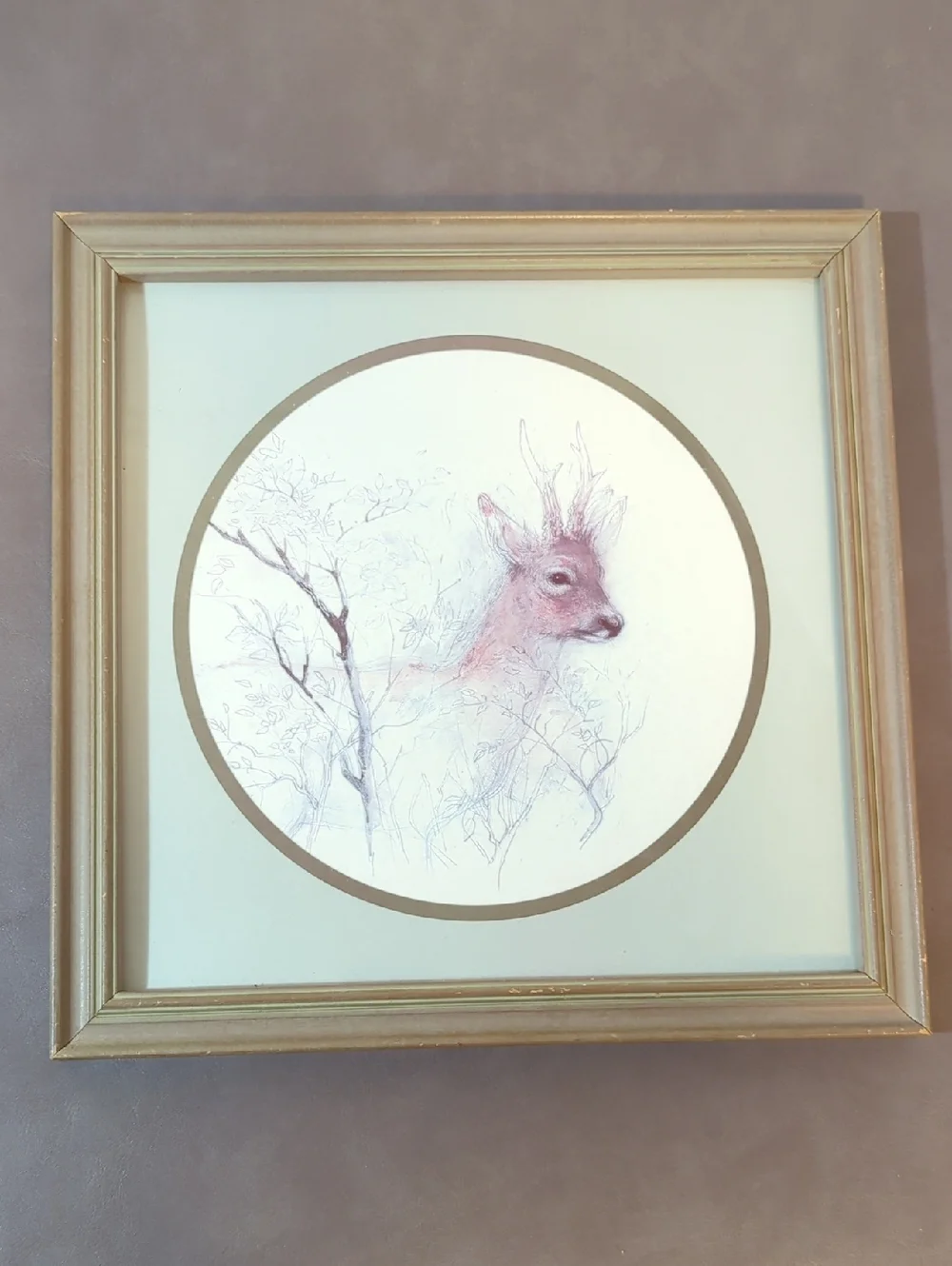 Lithograph Art Piece Sketch Of Deer In Woods Framed By Mads Stage Picture Matte